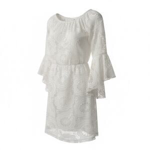 2B Clothing Ivory Lace Dress Women’s Size M Boho Bell Sleeve Sheer Overlay